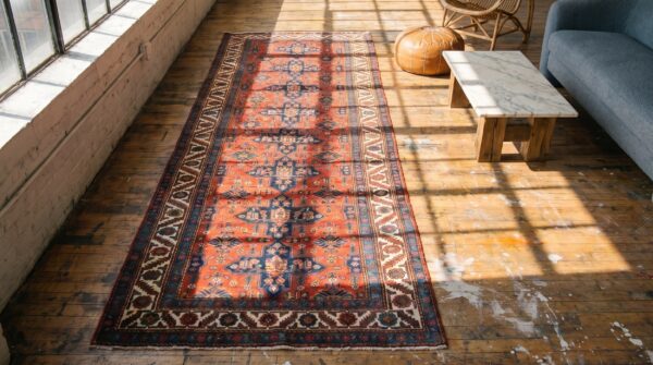 Red rustic tribal geometric antique northwest persian wool pile hallway runner rug 2 Red rustic tribal geometric antique northwest persian wool pile hallway runner rug (sku 19061) - styled overhead view