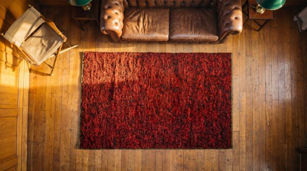 Antique red shaker rug american knotted (sku 17180) - styled overhead view