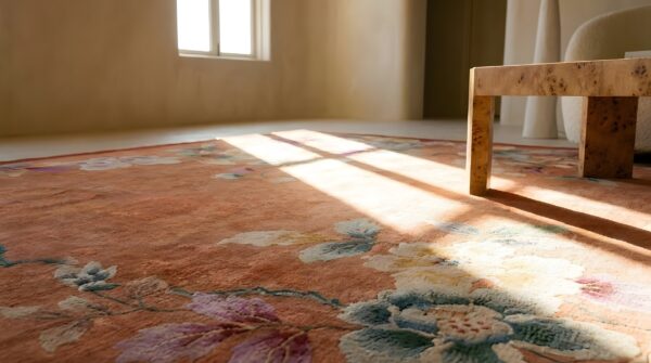 Red solid open field antique art deco chinese floral area rug 7 Red solid open field antique art deco chinese floral area rug (sku 24216) - in-room detail