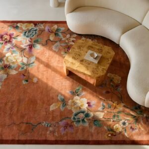 Red Solid Open Field Antique Art Deco Chinese Floral Area Rug (SKU 24216) - styled overhead view