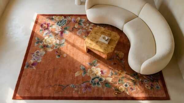 Red solid open field antique art deco chinese floral area rug 2 Red solid open field antique art deco chinese floral area rug (sku 24216) - styled overhead view