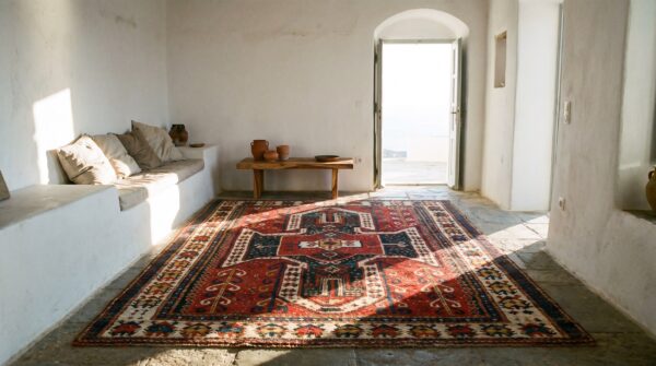 Antique red square caucasian sewan kazak rug - mid 19th century tribal 10 Antique red square caucasian sewan kazak rug - mid 19th century tribal (sku 22869) - room view