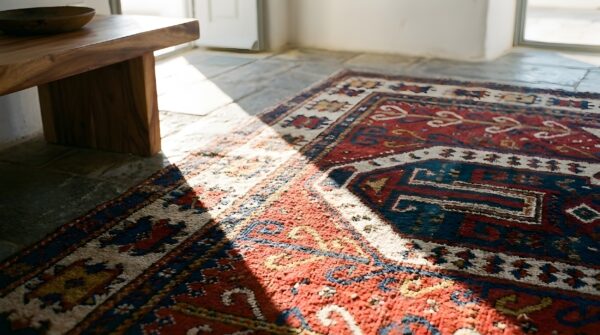Antique red square caucasian sewan kazak rug - mid 19th century tribal 11 Antique red square caucasian sewan kazak rug - mid 19th century tribal (sku 22869) - in-room detail