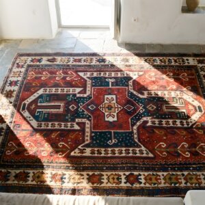 Antique Red Square Caucasian Sewan Kazak Rug - Mid 19th Century Tribal (SKU 22869) - styled overhead view