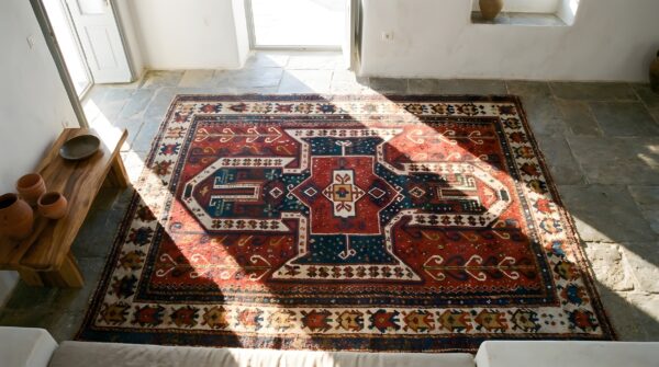 Antique red square caucasian sewan kazak rug - mid 19th century tribal 2 Antique red square caucasian sewan kazak rug - mid 19th century tribal (sku 22869) - styled overhead view