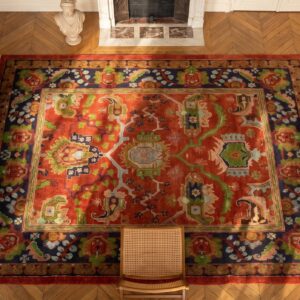 Red Square Antique Irish Donegal Gavin Morton Arts and Crafts Rug (SKU 18754) - styled overhead view