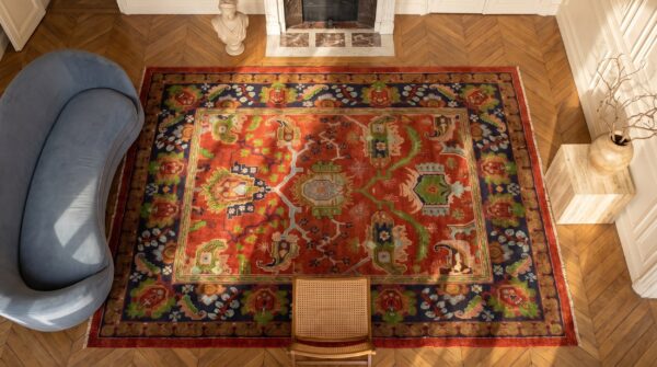 Red square antique irish donegal gavin morton arts and crafts rug 2 Red square antique irish donegal gavin morton arts and crafts rug (sku 18754) - styled overhead view
