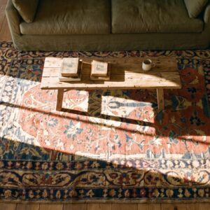 Antique Red Square Persian Tabriz Floral Vase Muslim Prayer Rug (SKU 24858) - styled overhead view