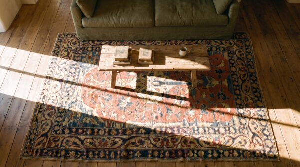 Antique red square persian tabriz floral vase muslim prayer rug 2 Antique red square persian tabriz floral vase muslim prayer rug (sku 24858) - styled overhead view