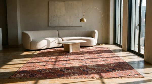 Antique red tekke allover geometric hand knotted pile bokara rug 9 Antique red tekke allover geometric hand knotted pile bokara rug (sku 21170) - room view
