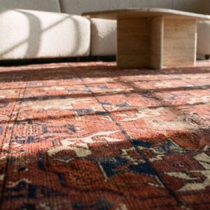 Antique Red Tekke Allover Geometric Hand Knotted Pile Bokara Rug (SKU 21170) - in-room detail