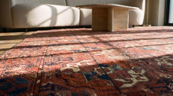 Antique red tekke allover geometric hand knotted pile bokara rug 10 Antique red tekke allover geometric hand knotted pile bokara rug (sku 21170) - in-room detail