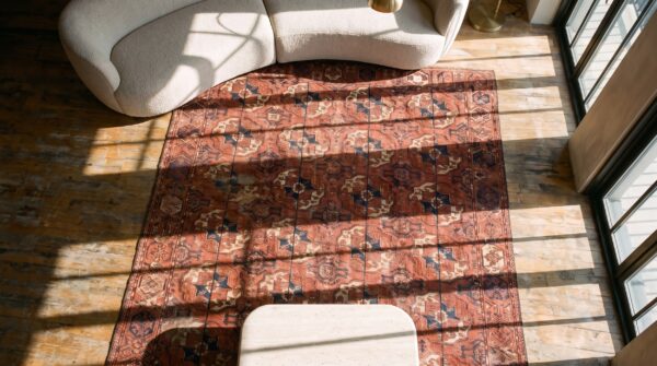 Antique red tekke allover geometric hand knotted pile bokara rug 2 Antique red tekke allover geometric hand knotted pile bokara rug (sku 21170) - styled overhead view