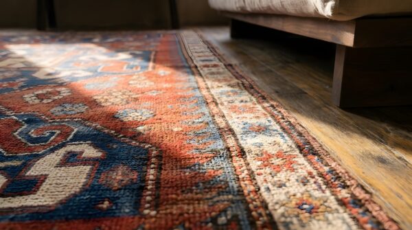 Red antique wool pile tribal caucasian kazak rug 8 Red antique wool pile tribal caucasian kazak rug (sku 22194) - in-room detail