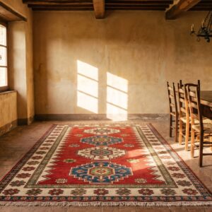 Red Tribal Geometric Antique 19th Century Caucasian Borchalou Kazak Rug (SKU 19262) - room view