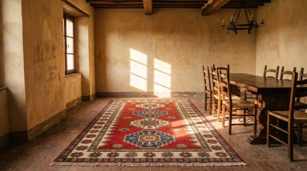 Red tribal geometric antique 19th century caucasian borchalou kazak rug 8 Red tribal geometric antique 19th century caucasian borchalou kazak rug (sku 19262) - room view