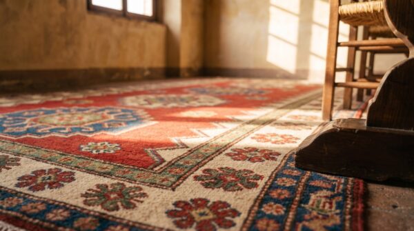 Red tribal geometric antique 19th century caucasian borchalou kazak rug 9 Red tribal geometric antique 19th century caucasian borchalou kazak rug (sku 19262) - in-room detail