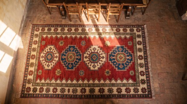 Red tribal geometric antique 19th century caucasian borchalou kazak rug 2 Red tribal geometric antique 19th century caucasian borchalou kazak rug (sku 19262) - styled overhead view