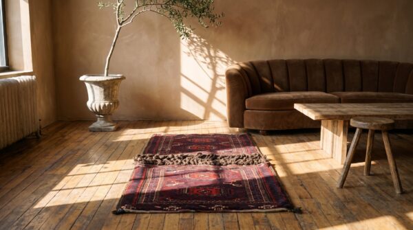 Antique red tribal geometric bold central asian tekke rug saddle bag (sku 23000) - room view