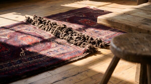 Antique red tribal geometric bold central asian tekke rug saddle bag (sku 23000) - in-room detail