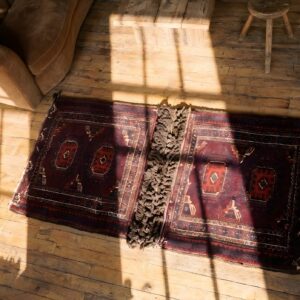 Antique Red Tribal Geometric Bold Central Asian Tekke Rug Saddle Bag (SKU 23000) - styled overhead view
