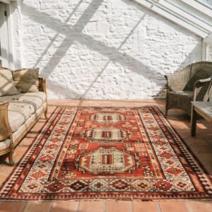 Red Antique Tribal Geometric Caucasian Karabagh Knotted Wool Pile Rug (SKU 18328) - room view