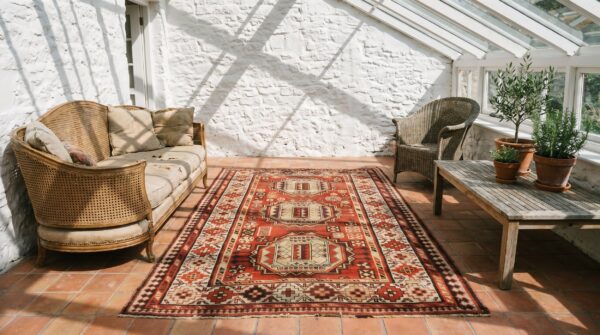 Red antique tribal geometric caucasian karabagh knotted wool pile rug 8 Red antique tribal geometric caucasian karabagh knotted wool pile rug (sku 18328) - room view