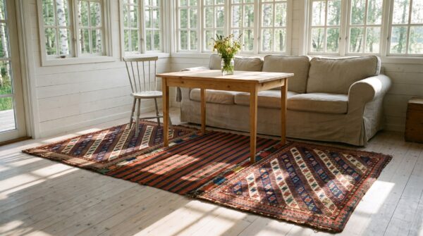 Red tribal geometric antique caucasian soumak saddle rug 7 Red tribal geometric antique caucasian soumak saddle rug (sku 25256) - room view