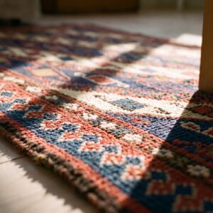 Red Tribal Geometric Antique Caucasian Soumak Saddle Rug (SKU 25256) - in-room detail