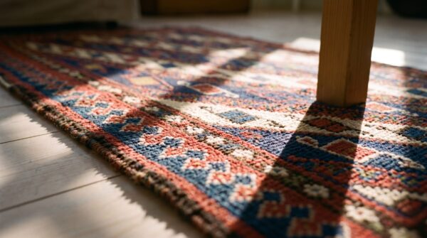 Red tribal geometric antique caucasian soumak saddle rug 8 Red tribal geometric antique caucasian soumak saddle rug (sku 25256) - in-room detail