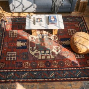 Red Tribal Geometric Design Antique Caucasian Karachopf Rug (SKU 18392) - styled overhead view