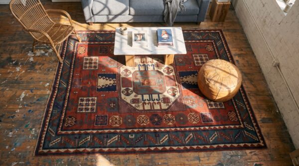 Red tribal geometric design antique caucasian karachopf rug 2 Red tribal geometric design antique caucasian karachopf rug (sku 18392) - styled overhead view