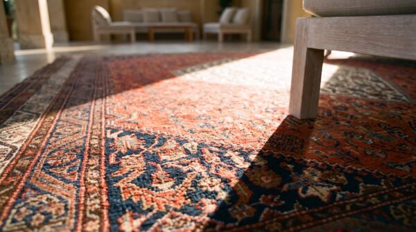 Red antique tribal geometric herati design persian room size malayer rug 9 Red antique tribal geometric herati design persian room size malayer rug (sku 23340) - in-room detail