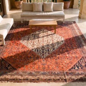 Red Antique Tribal Geometric Herati Design Persian Room Size Malayer Rug (SKU 23340) - styled overhead view