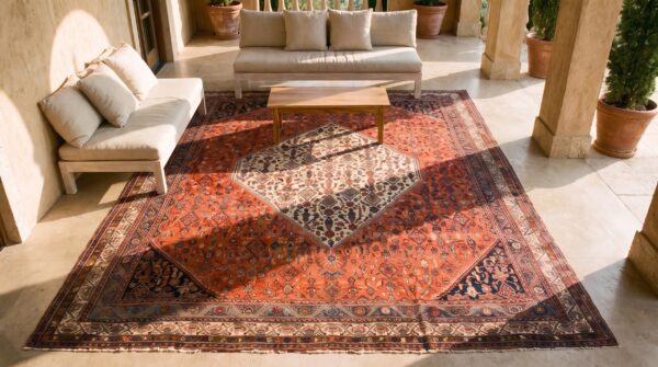 Red antique tribal geometric herati design persian room size malayer rug 2 Red antique tribal geometric herati design persian room size malayer rug (sku 23340) - styled overhead view
