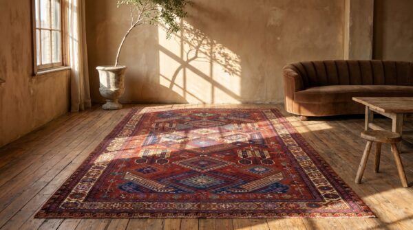Red tribal geometric late 19th century antique caucasian flatweave dragon soumak rug (sku 18029) - room view