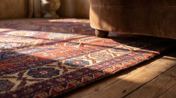 Red tribal geometric late 19th century antique caucasian flatweave dragon soumak rug (sku 18029) - in-room detail