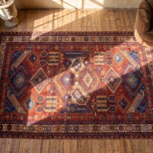 Red Tribal Geometric Late 19th Century Antique Caucasian Flatweave Dragon Soumak Rug (SKU 18029) - styled overhead view