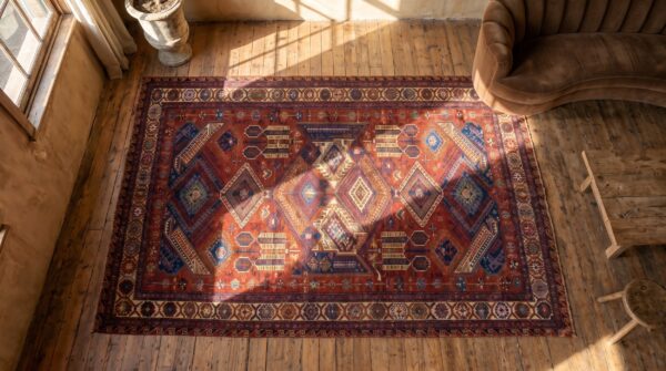Red tribal geometric late 19th century antique caucasian flatweave dragon soumak rug (sku 18029) - styled overhead view