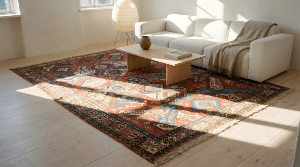 Antique red tribal geometric late 19th century caucasian flatweave dragon soumak rug 7 Antique red tribal geometric late 19th century caucasian flatweave dragon soumak rug (sku 21676) - room view