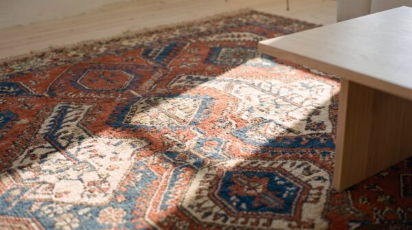 Antique red tribal geometric late 19th century caucasian flatweave dragon soumak rug 8 Antique red tribal geometric late 19th century caucasian flatweave dragon soumak rug (sku 21676) - in-room detail