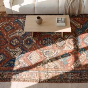 Antique Red Tribal Geometric Late 19th Century Caucasian Flatweave Dragon Soumak Rug (SKU 21676) - styled overhead view