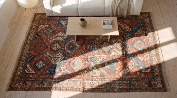 Antique red tribal geometric late 19th century caucasian flatweave dragon soumak rug 2 Antique red tribal geometric late 19th century caucasian flatweave dragon soumak rug (sku 21676) - styled overhead view