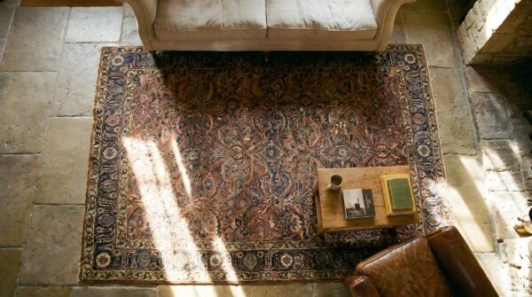 Red antique tribal late 19th century northwest persian scatter rug 2 Red antique tribal late 19th century northwest persian scatter rug (sku 23512) - styled overhead view