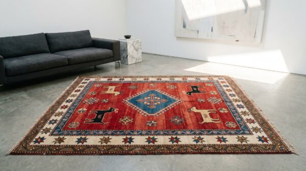 Red antique tribal nomadic persian geometric animal gabbeh rug 7 Red antique tribal nomadic persian geometric animal gabbeh rug (sku 19198) - room view
