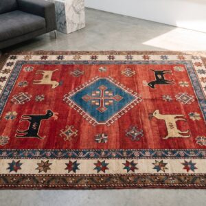 Red Antique Tribal Nomadic Persian Geometric Animal Gabbeh Rug (SKU 19198) - styled overhead view