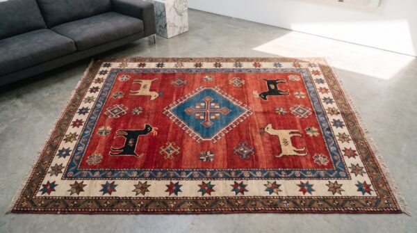 Red antique tribal nomadic persian geometric animal gabbeh rug 2 Red antique tribal nomadic persian geometric animal gabbeh rug (sku 19198) - styled overhead view