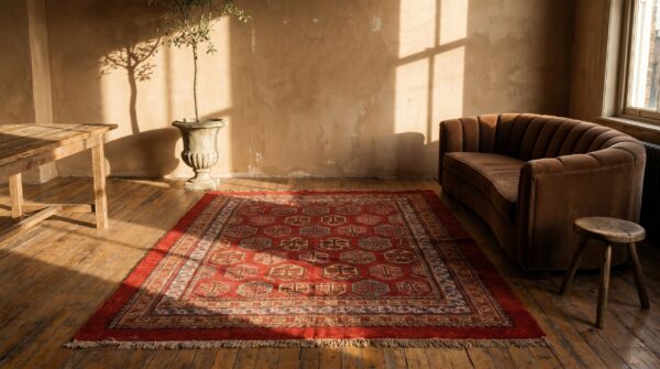 Red antique tribal paisley pattern small scatter size turkish oushak area rug 5 Red antique tribal paisley pattern small scatter size turkish oushak area rug (sku 18871) - room view
