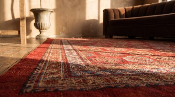 Red antique tribal paisley pattern small scatter size turkish oushak area rug 6 Red antique tribal paisley pattern small scatter size turkish oushak area rug (sku 18871) - in-room detail