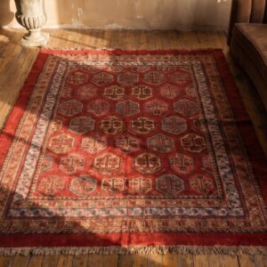 Red Antique Tribal Paisley Pattern Small Scatter Size Turkish Oushak Area Rug (SKU 18871) - styled overhead view